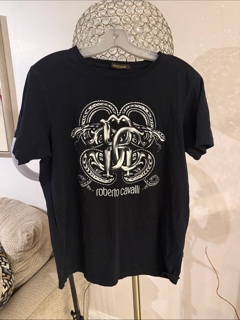 Roberto Cavalli Black Tee with Gold Script Label L